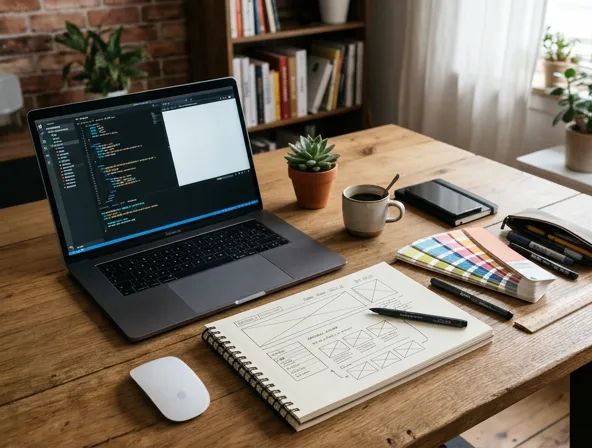 Web design and development tools: design palette, code editor mockup, layout wireframe sketch, creative workspace