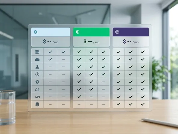 Pricing tables and package comparison visual: organized list layout with checkmarks and features, clean modern design, transparent pricing illustration