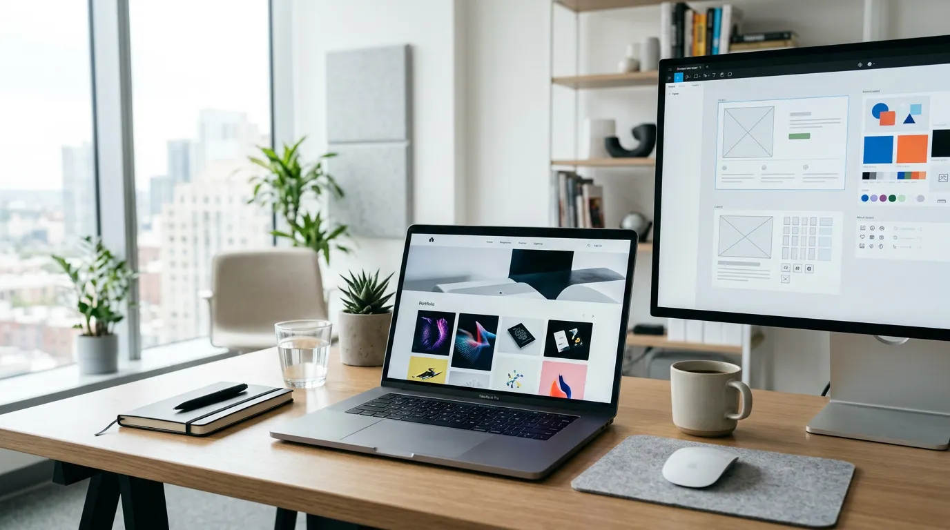 Modern web design workspace: laptop displaying a responsive website, clean desk environment with design elements visible on screen, minimalist, bright modern office setting