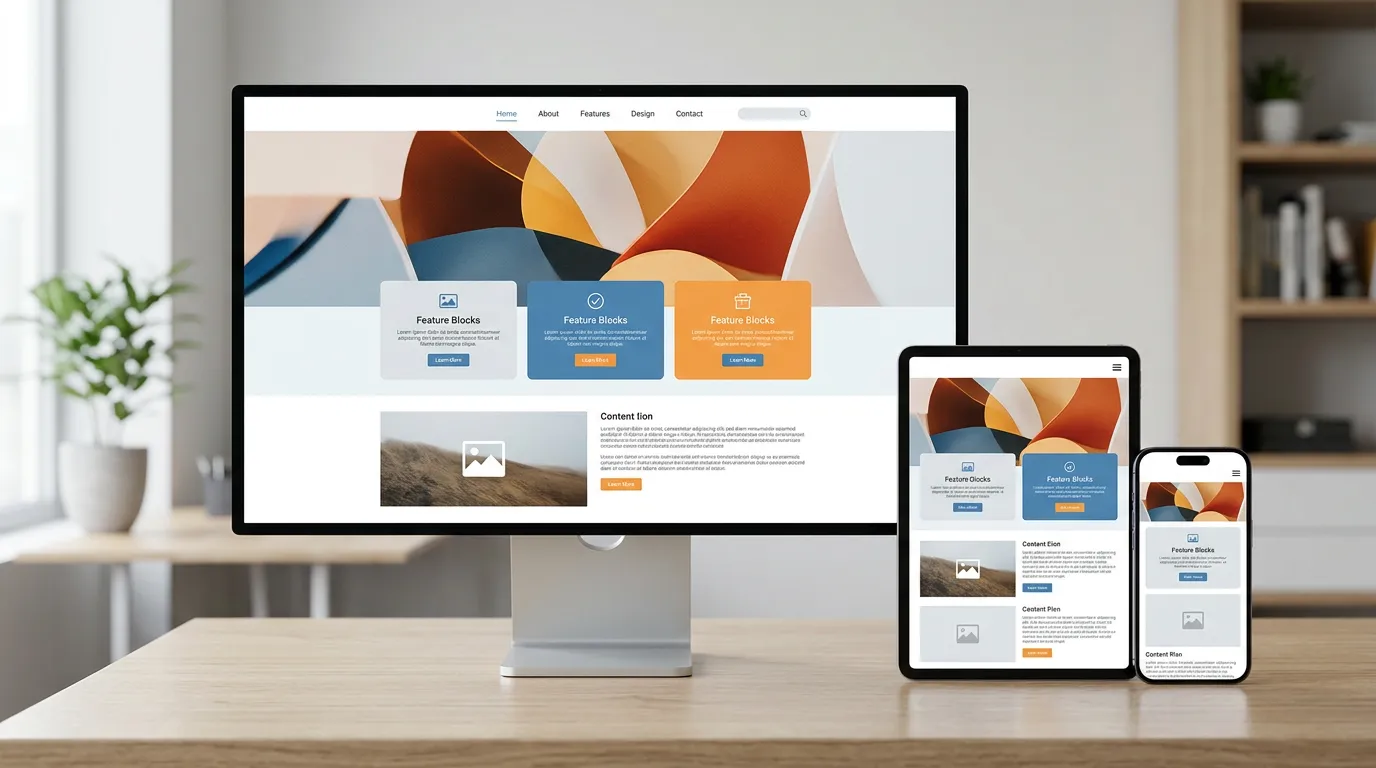 Desktop, tablet, and smartphone displaying the same responsive website design with clean layout. Multiple devices showing adaptation to different screen sizes