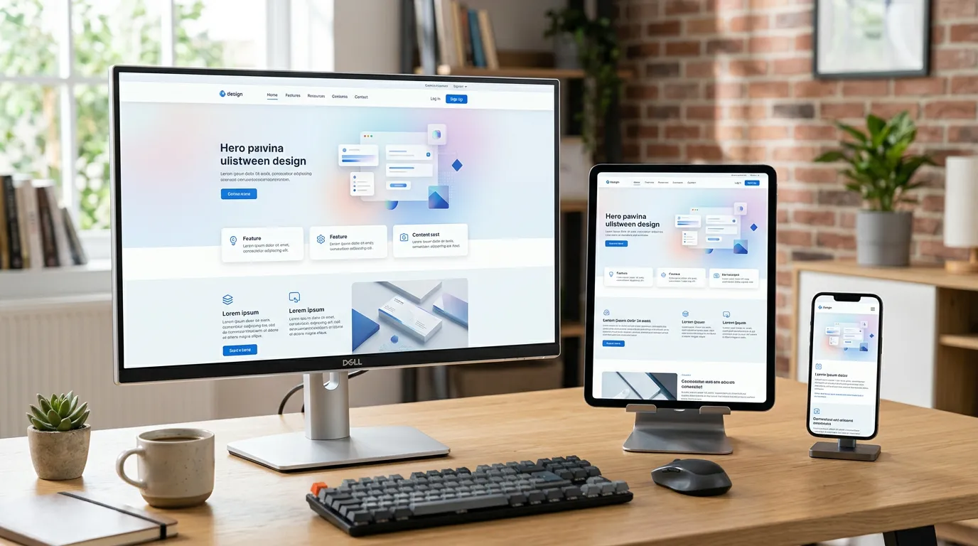 Multiple devices showing same responsive website design: smartphone, tablet, and desktop monitor displaying identical layout, clean modern interface, bright lighting