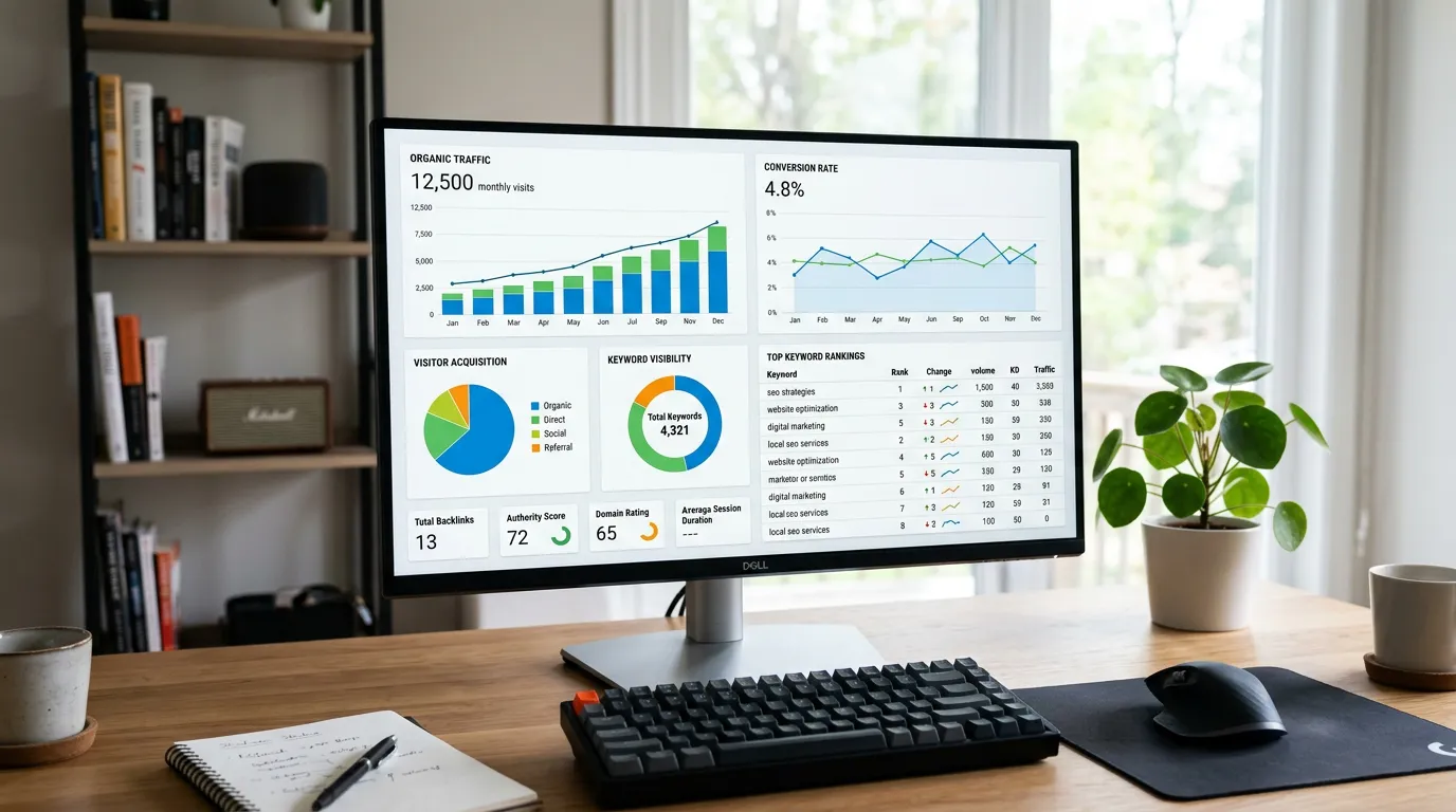 SEO analytics dashboard on computer screen: charts, graphs, and keyword rankings displayed, search engine optimization metrics visualization, bright modern interface