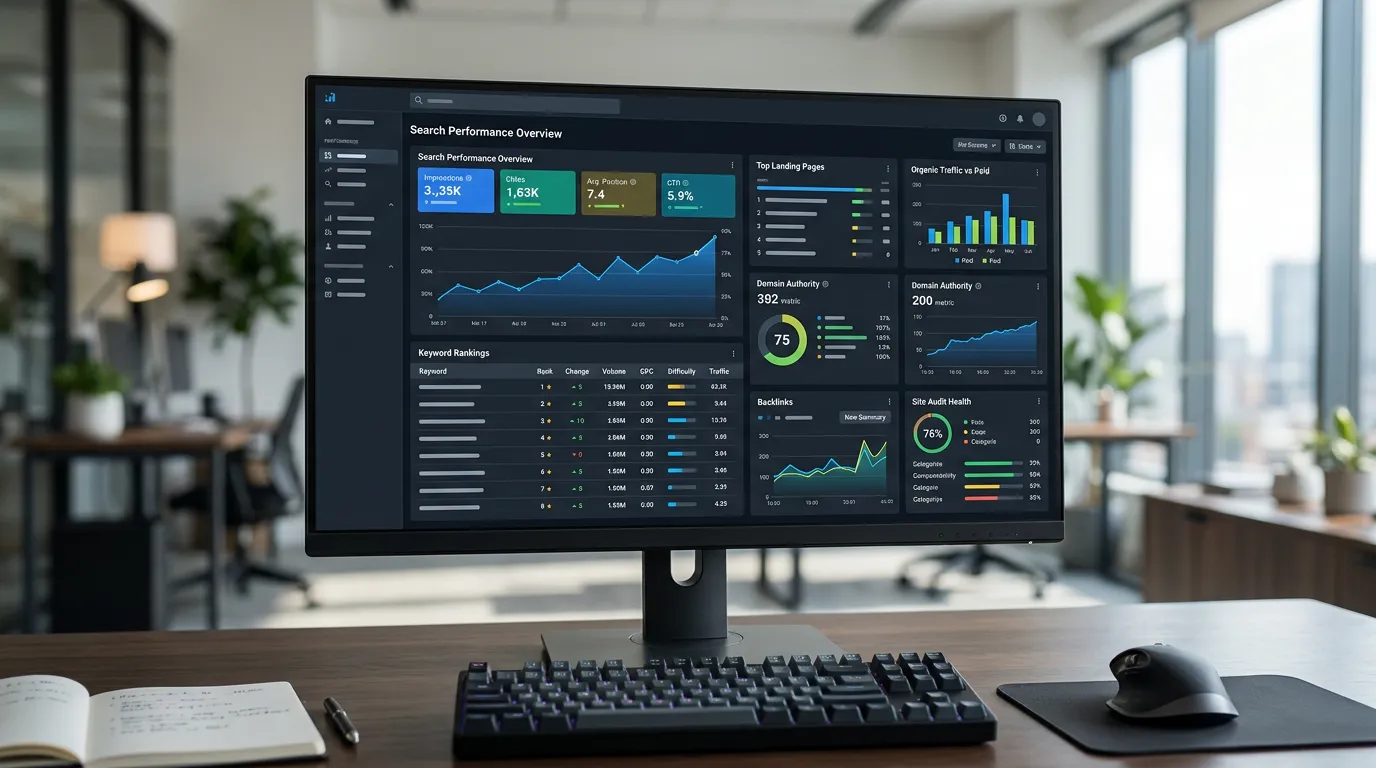 Dashboard showing Google Analytics with search rankings, keyword data, and SEO metrics on computer screen. Professional analytics interface