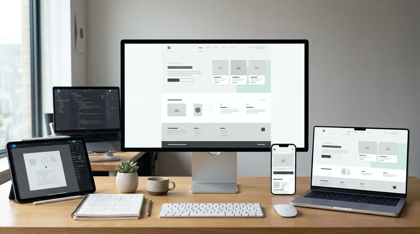Modern minimalist website interface on screen with clean white space, subtle animations and color palette, showing responsive design across devices, design tools interface visible