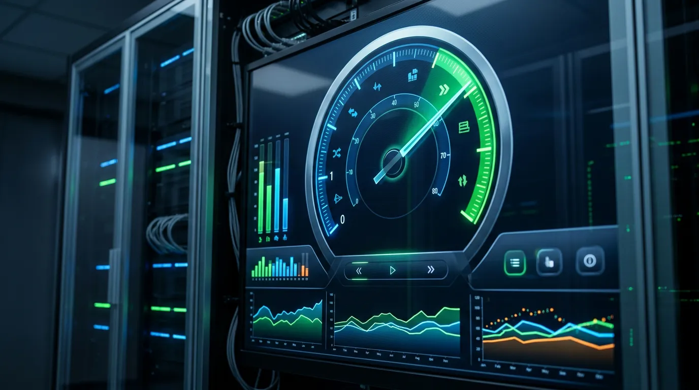 Speedometer or performance gauge showing fast loading speeds. Server metrics and performance optimization visualization. Digital performance indicators