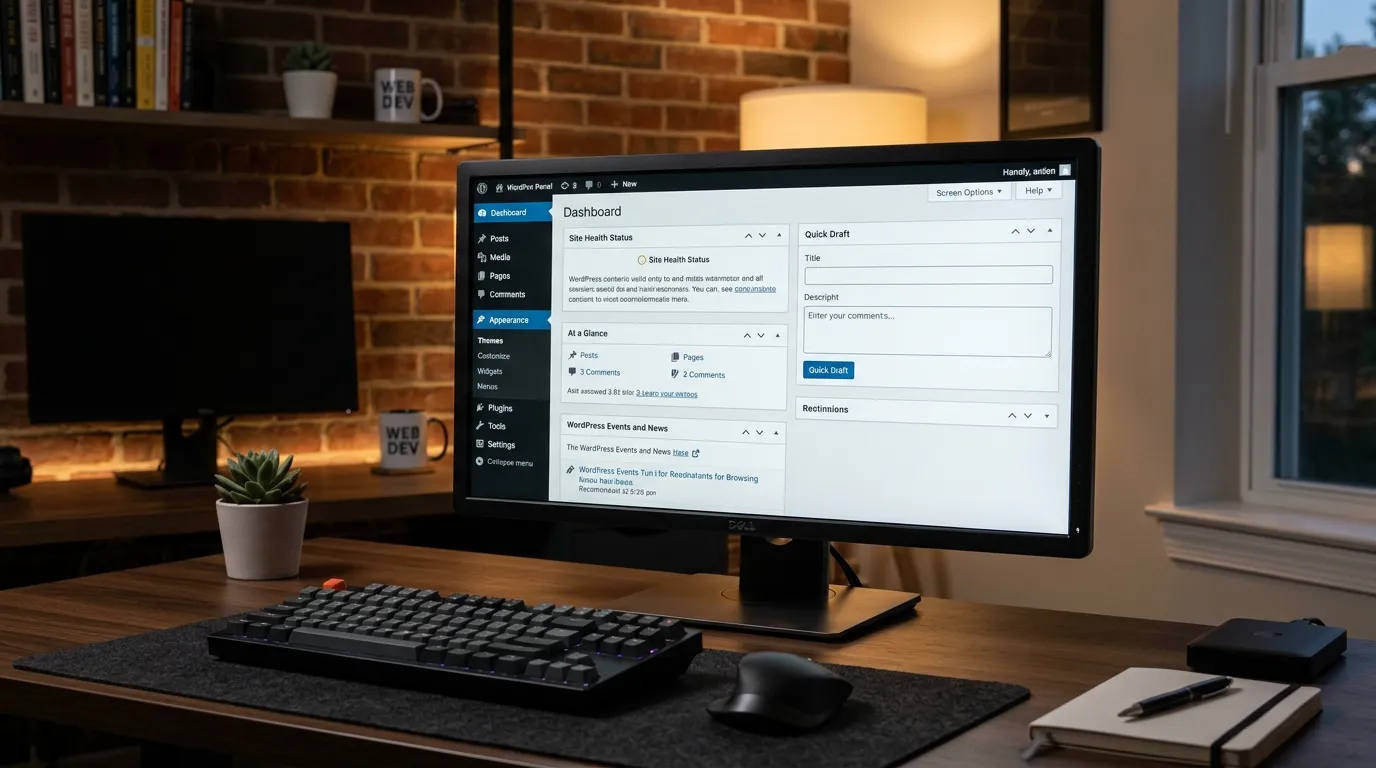 Computer monitor displaying WordPress dashboard and admin panel with website customization options. Modern workspace with code editor